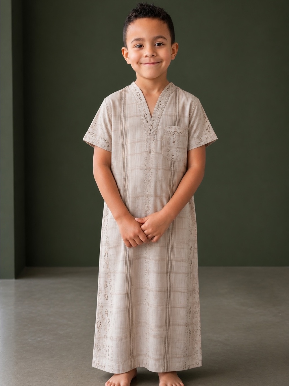 Boys Al-Madinah Thobe Beige Plaid Islamic Prayer Dress Thawb Short Sleeve